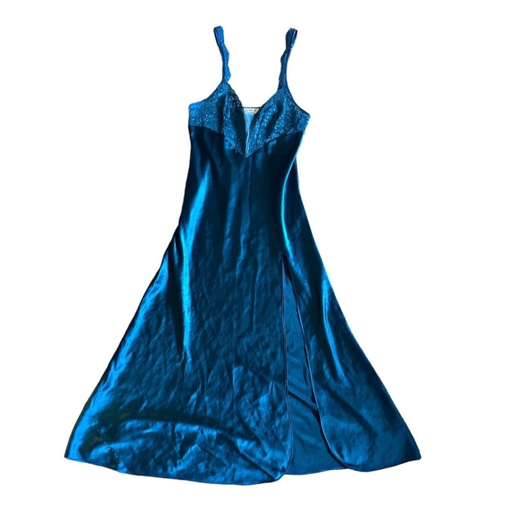 Vintage 90s Gold Label Victoria’s Secret Satin Long Nightgown Slip Dress Teal - Picture 5 of 7